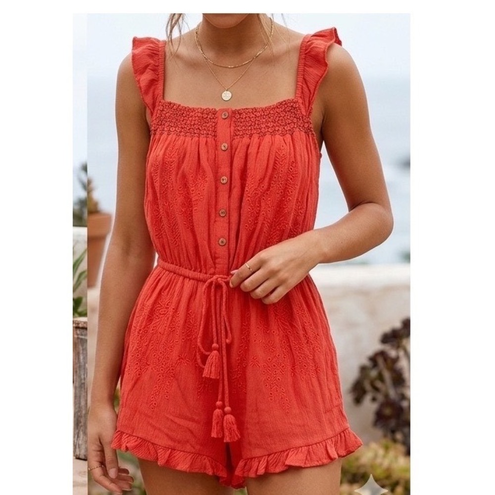 American Eagle Womens XS‎ Coral Orange Embroidered Boho Ruffle Romper Tassels